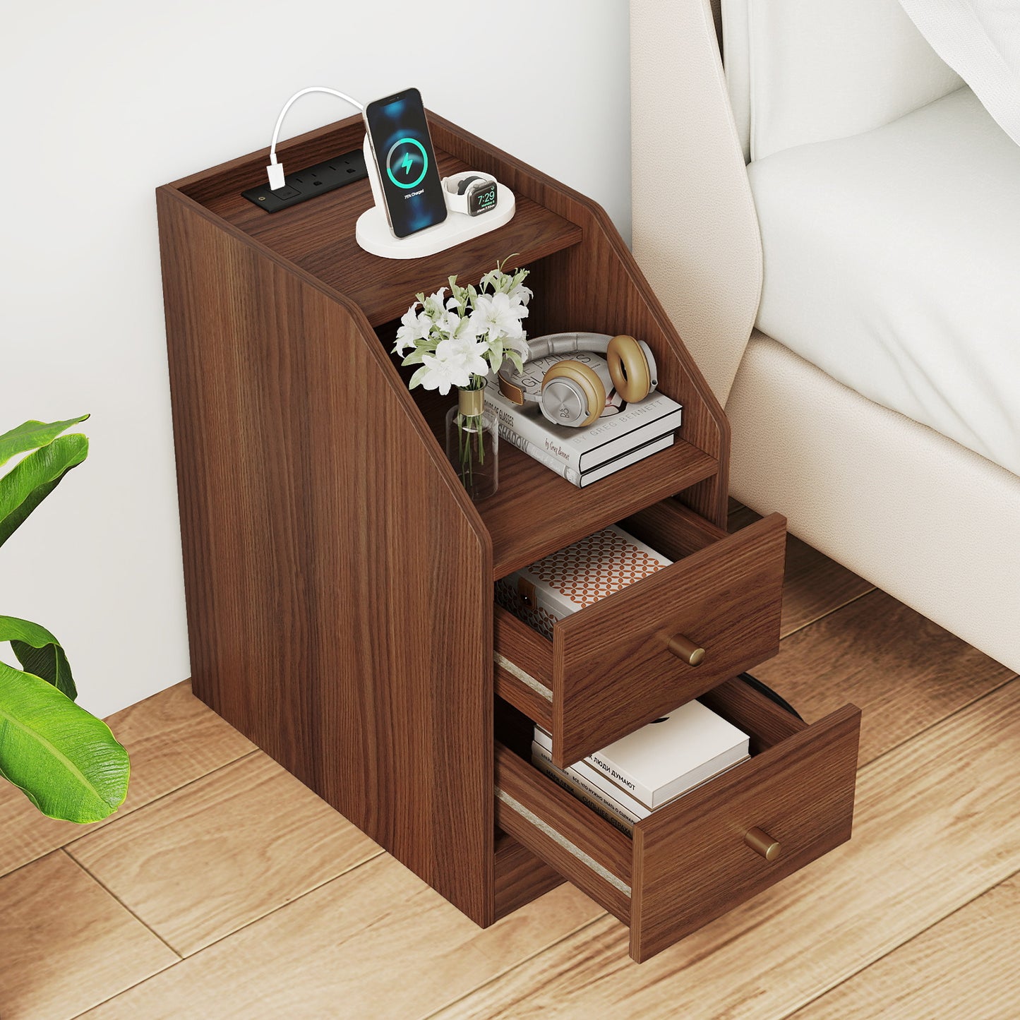 Side End Table with Charging Station Sofa Couch Table with Shelf Drawers, Walnut