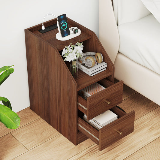 Side End Table with Charging Station Sofa Couch Table with Shelf Drawers, Walnut
