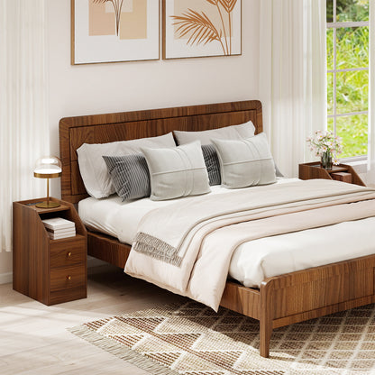 Side End Table with Charging Station Sofa Couch Table with Shelf Drawers, Walnut