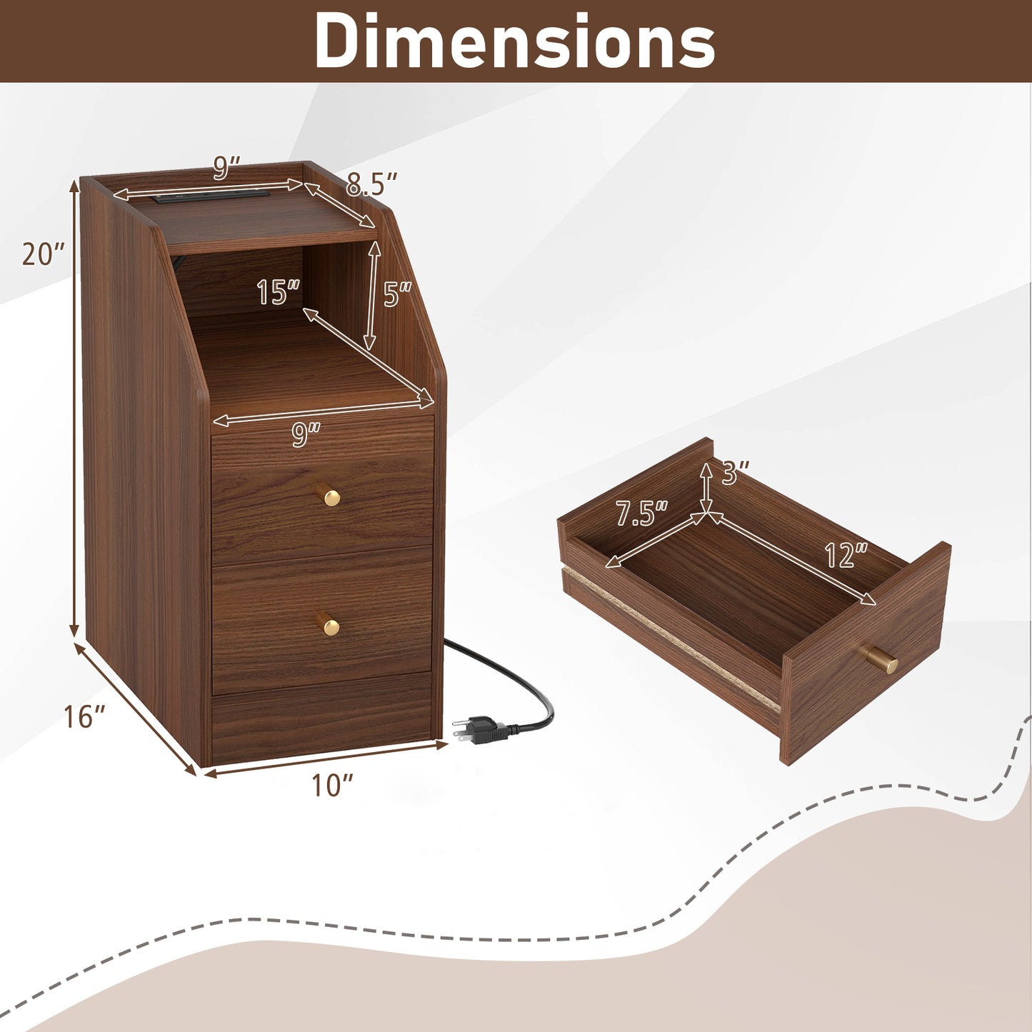 Side End Table with Charging Station Sofa Couch Table with Shelf Drawers, Walnut