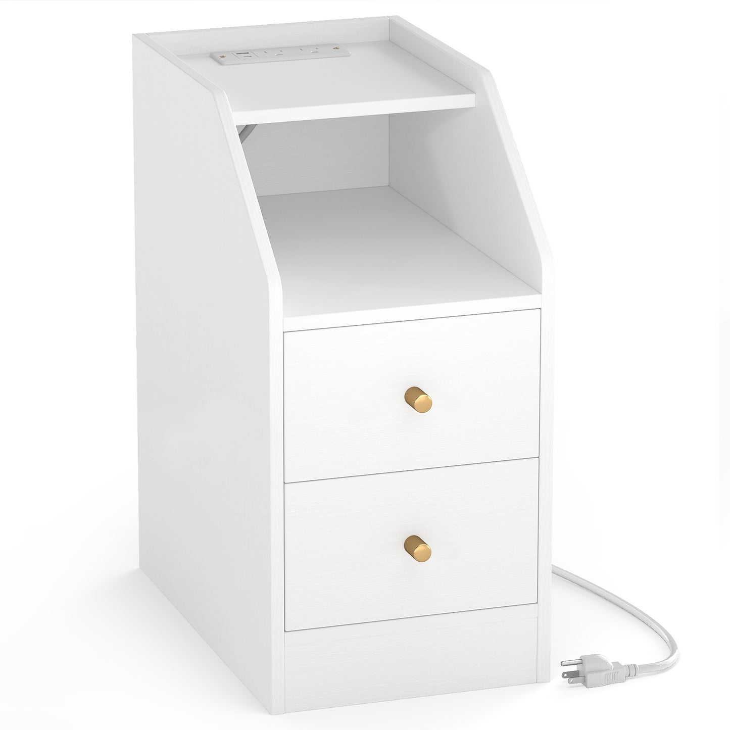 Side End Table with Charging Station Sofa Couch Table with Shelf Drawers, White