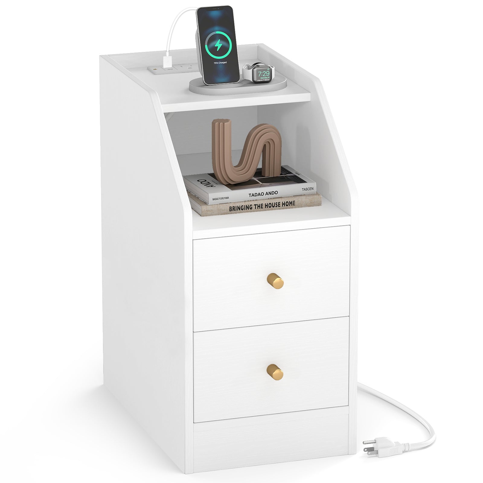 Side End Table with Charging Station Sofa Couch Table with Shelf Drawers, White