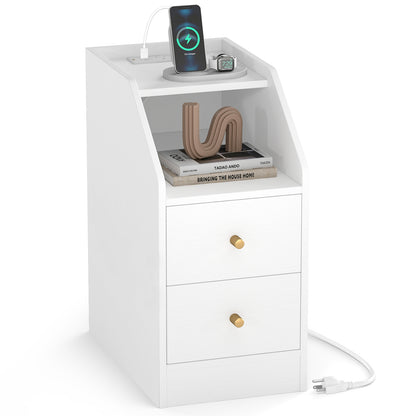 Side End Table with Charging Station Sofa Couch Table with Shelf Drawers, White