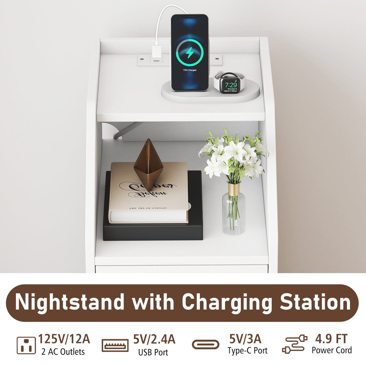 Side End Table with Charging Station Sofa Couch Table with Shelf Drawers, White