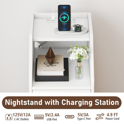 Side End Table with Charging Station Sofa Couch Table with Shelf Drawers, White