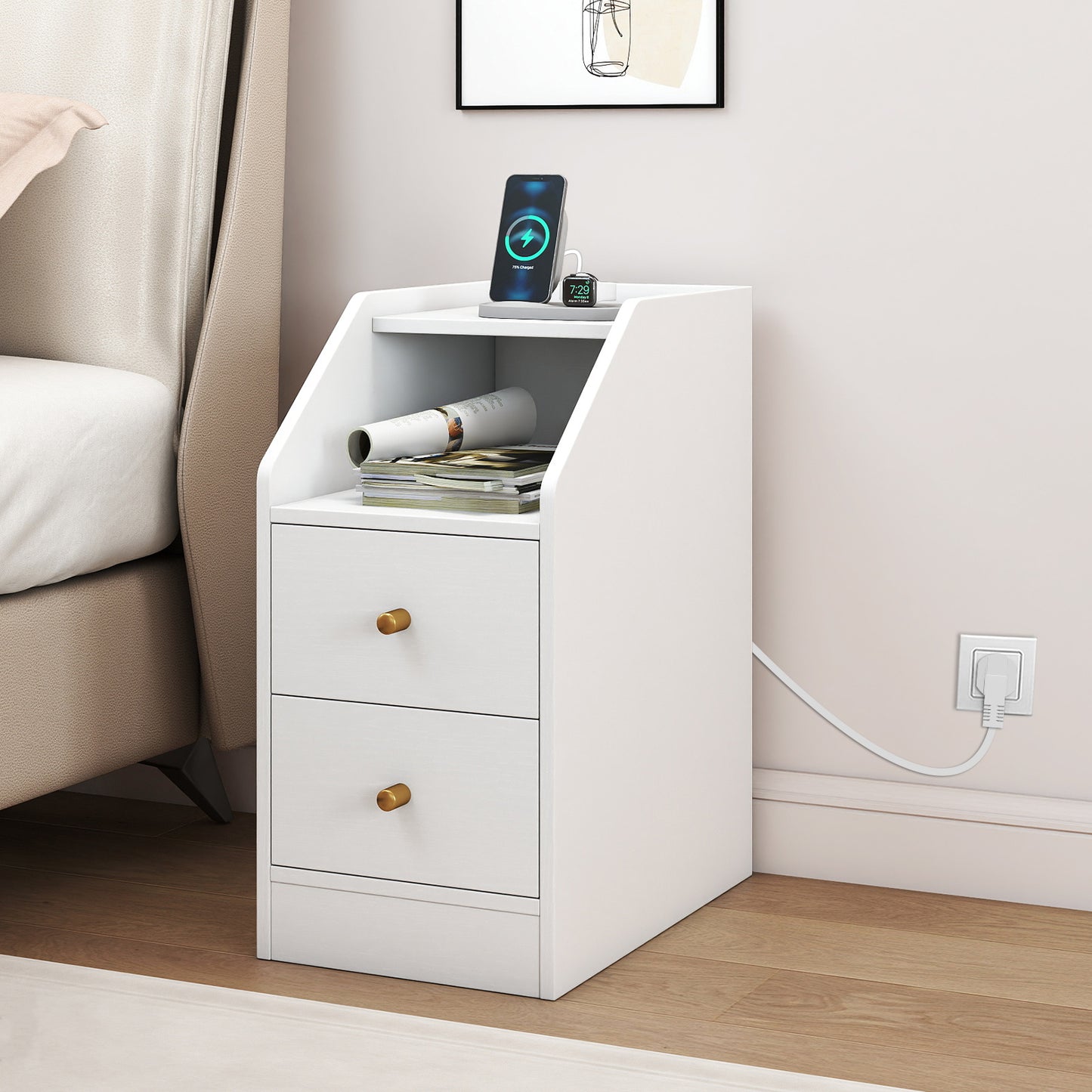 Side End Table with Charging Station Sofa Couch Table with Shelf Drawers, White