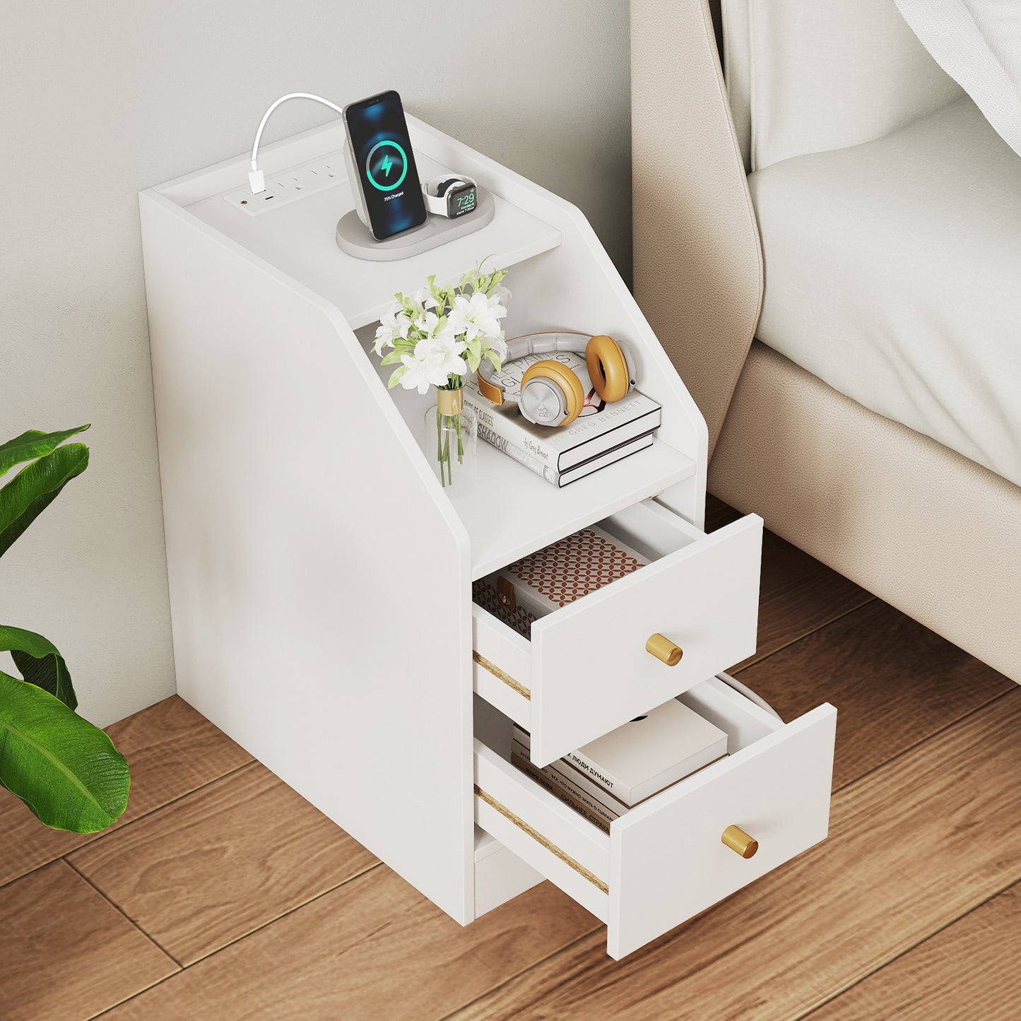 Side End Table with Charging Station Sofa Couch Table with Shelf Drawers, White