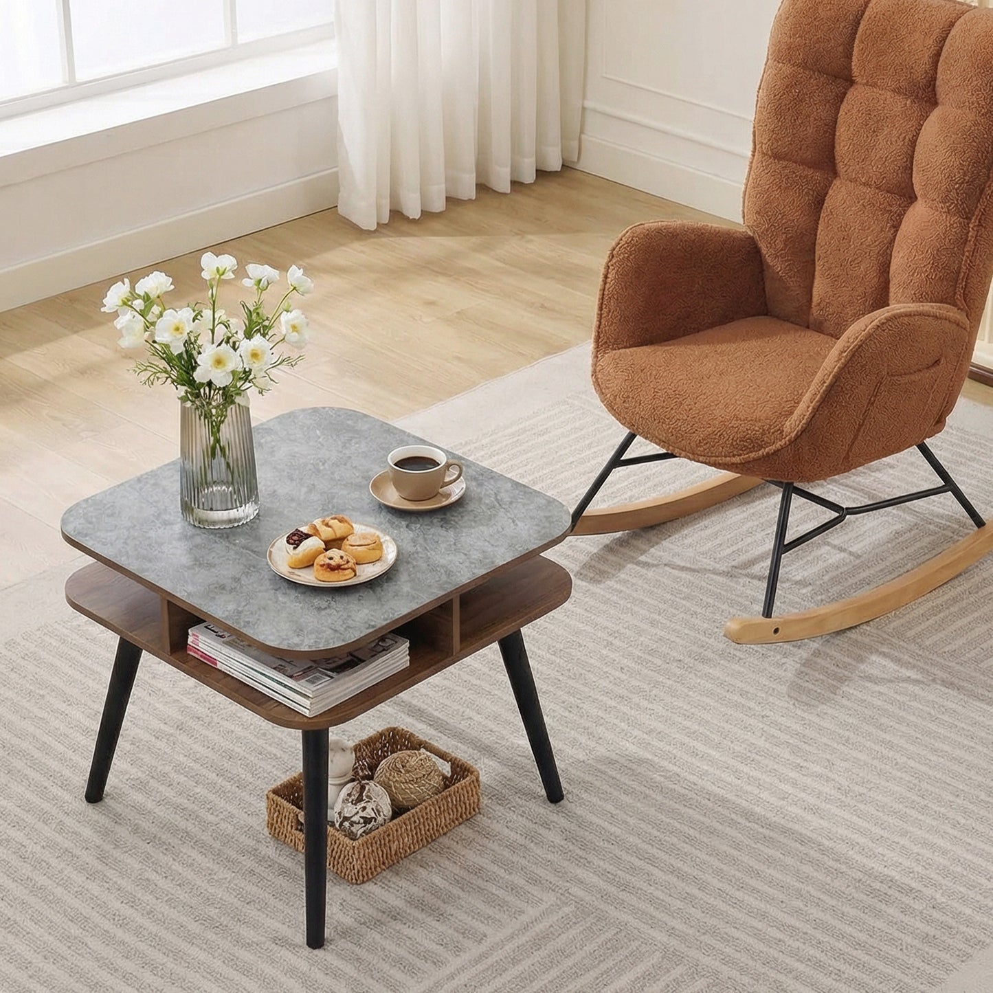 Faux Marble Side Table With Storage Shelves, Walnut End & Side Tables at Gallery Canada