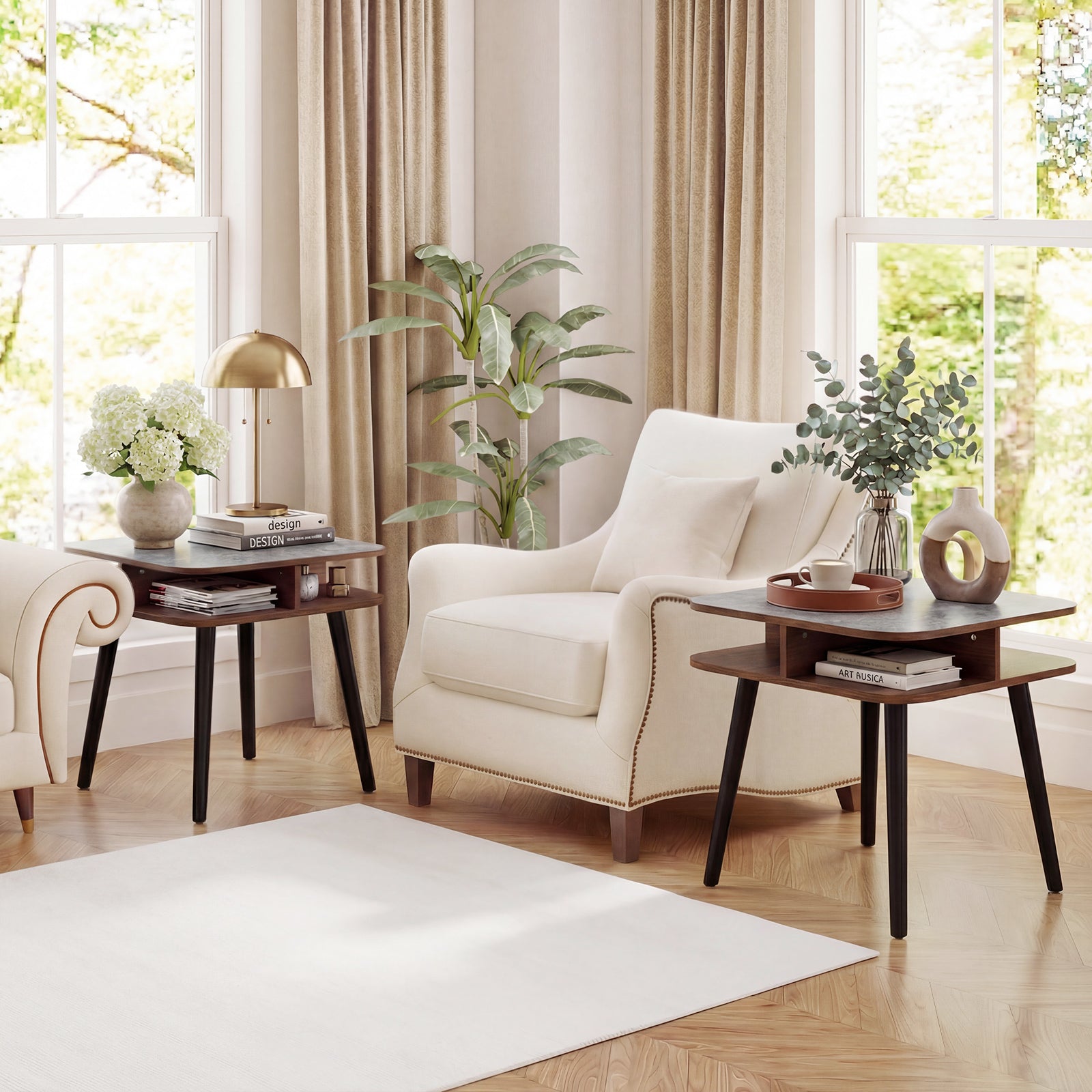 Faux Marble Side Table With Storage Shelves, Walnut End & Side Tables at Gallery Canada