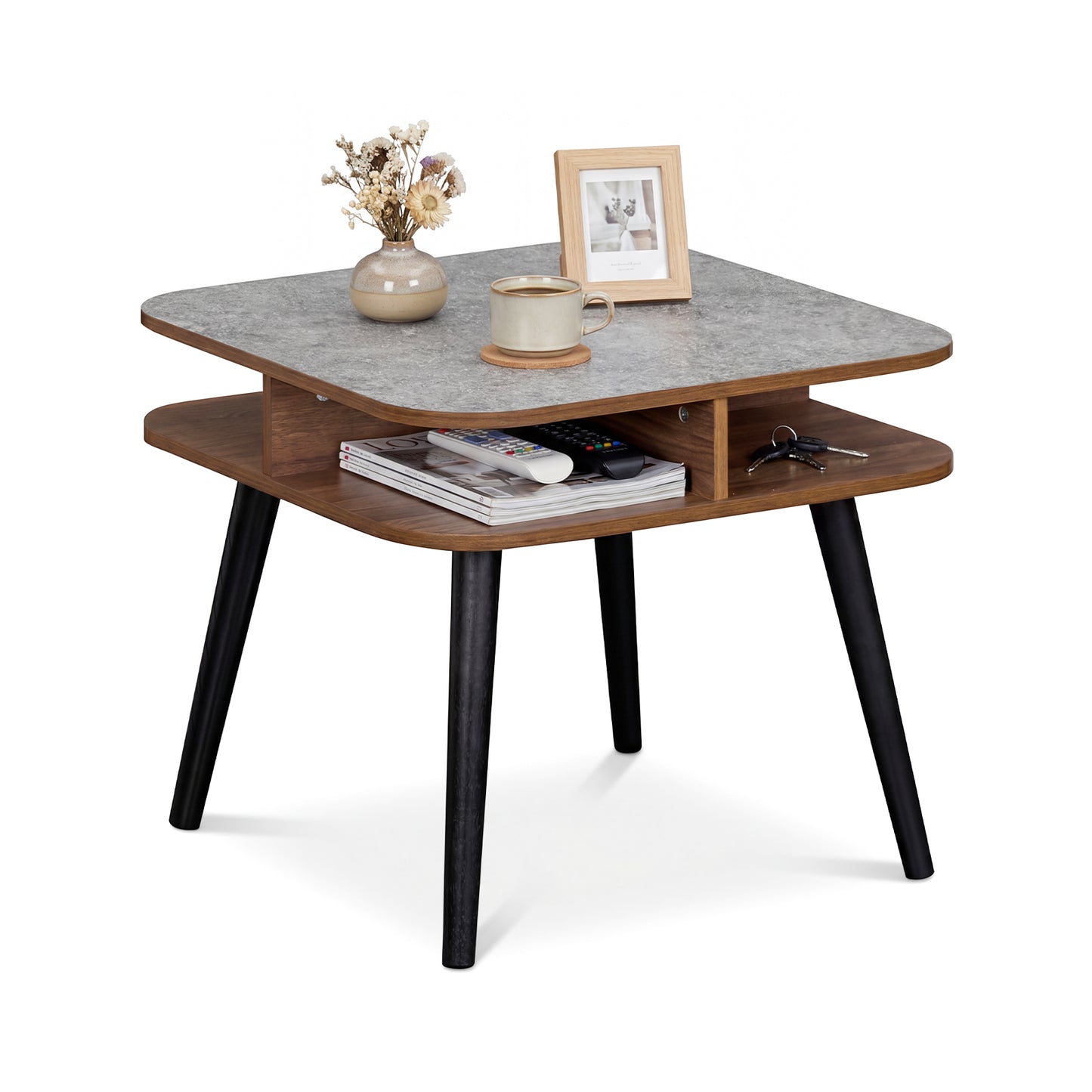 Faux Marble Side Table With Storage Shelves, Walnut End & Side Tables at Gallery Canada