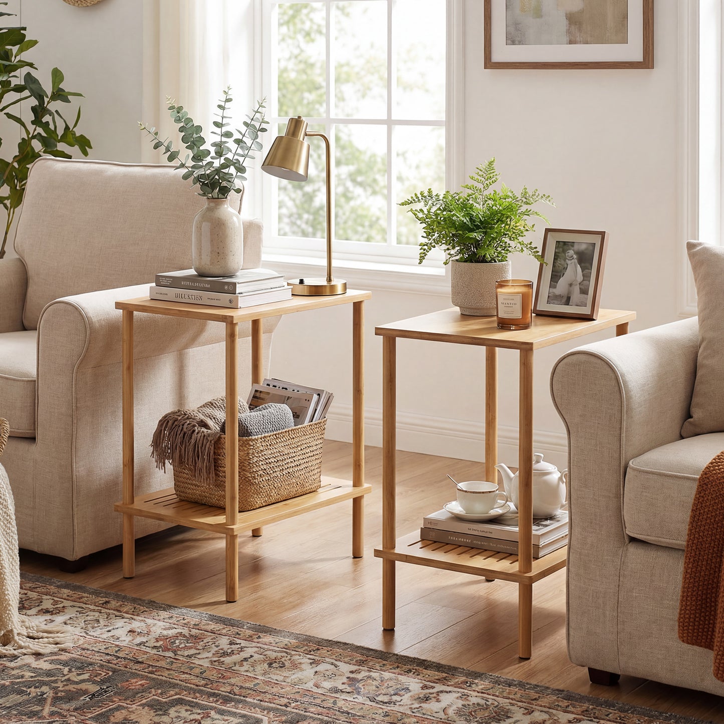 Side Table Set of 2 2-Tier Bamboo End Table with Storage Shelves Rectangular Tea Sofa Table, Natural End & Side Tables at Gallery Canada