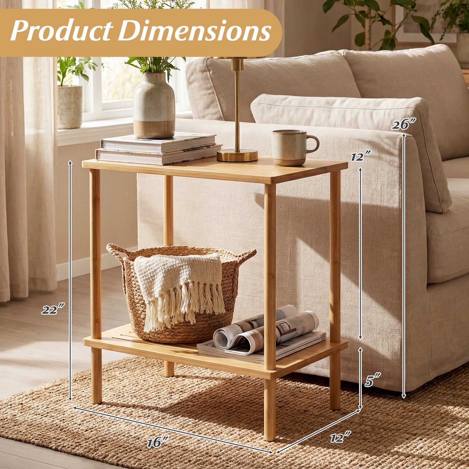 Side Table Set of 2 2-Tier Bamboo End Table with Storage Shelves Rectangular Tea Sofa Table, Natural End & Side Tables at Gallery Canada