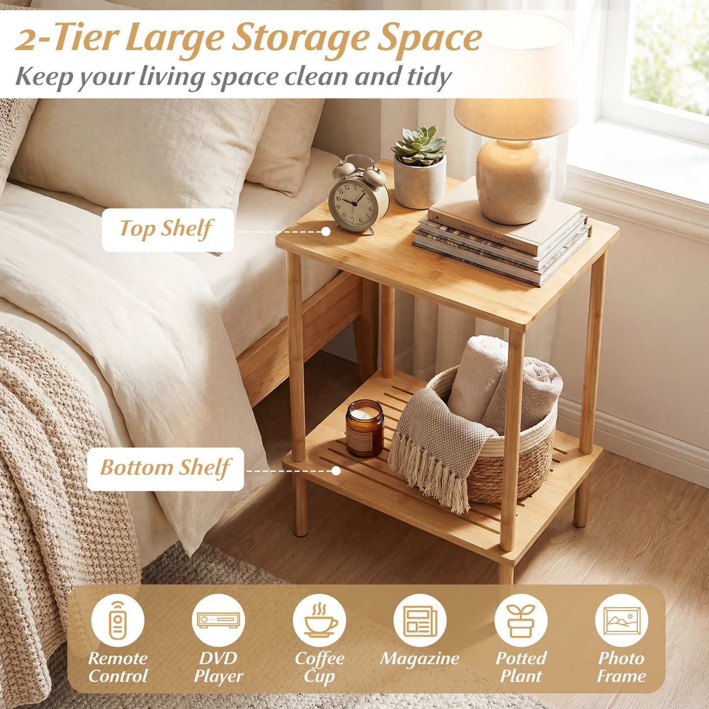 Side Table Set of 2 2-Tier Bamboo End Table with Storage Shelves Rectangular Tea Sofa Table, Natural End & Side Tables at Gallery Canada