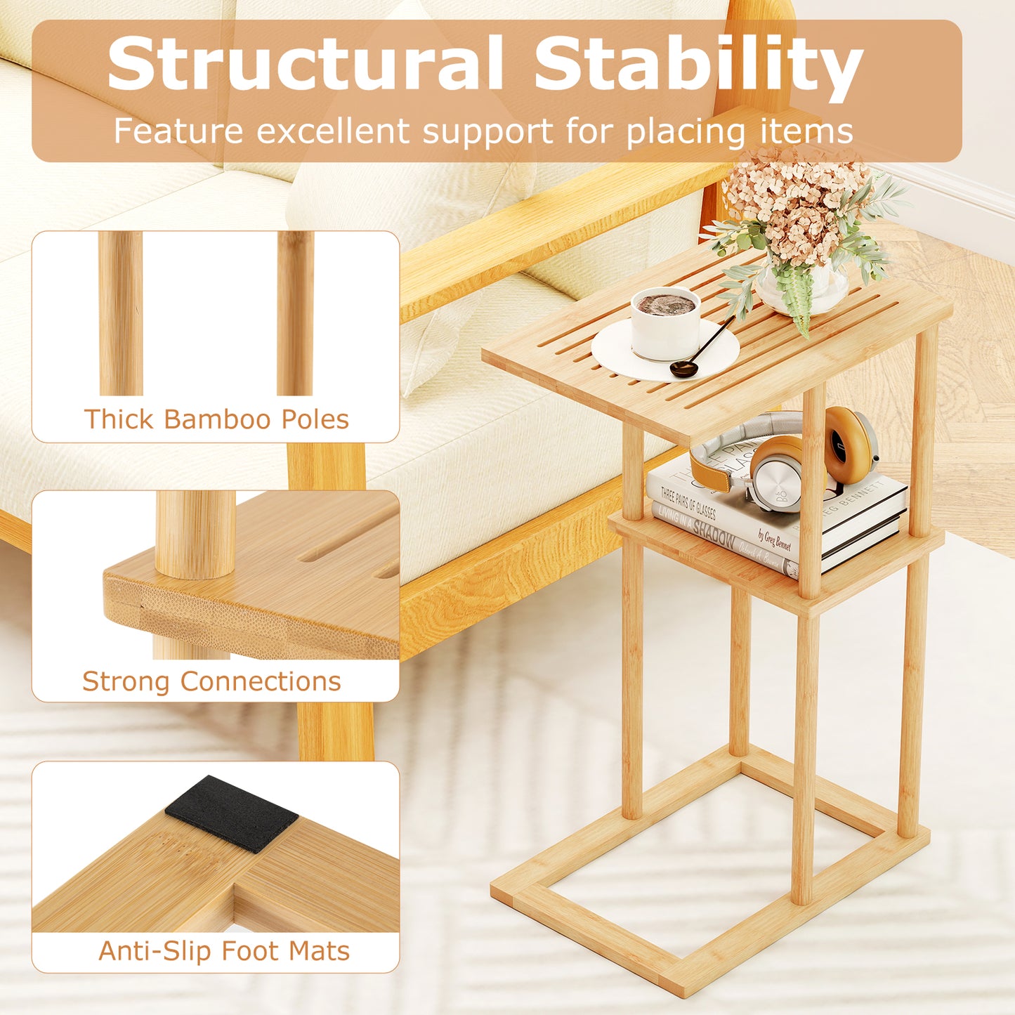Side Table Set of 2 with Storage Shelves and Bamboo Construction, Natural End & Side Tables at Gallery Canada