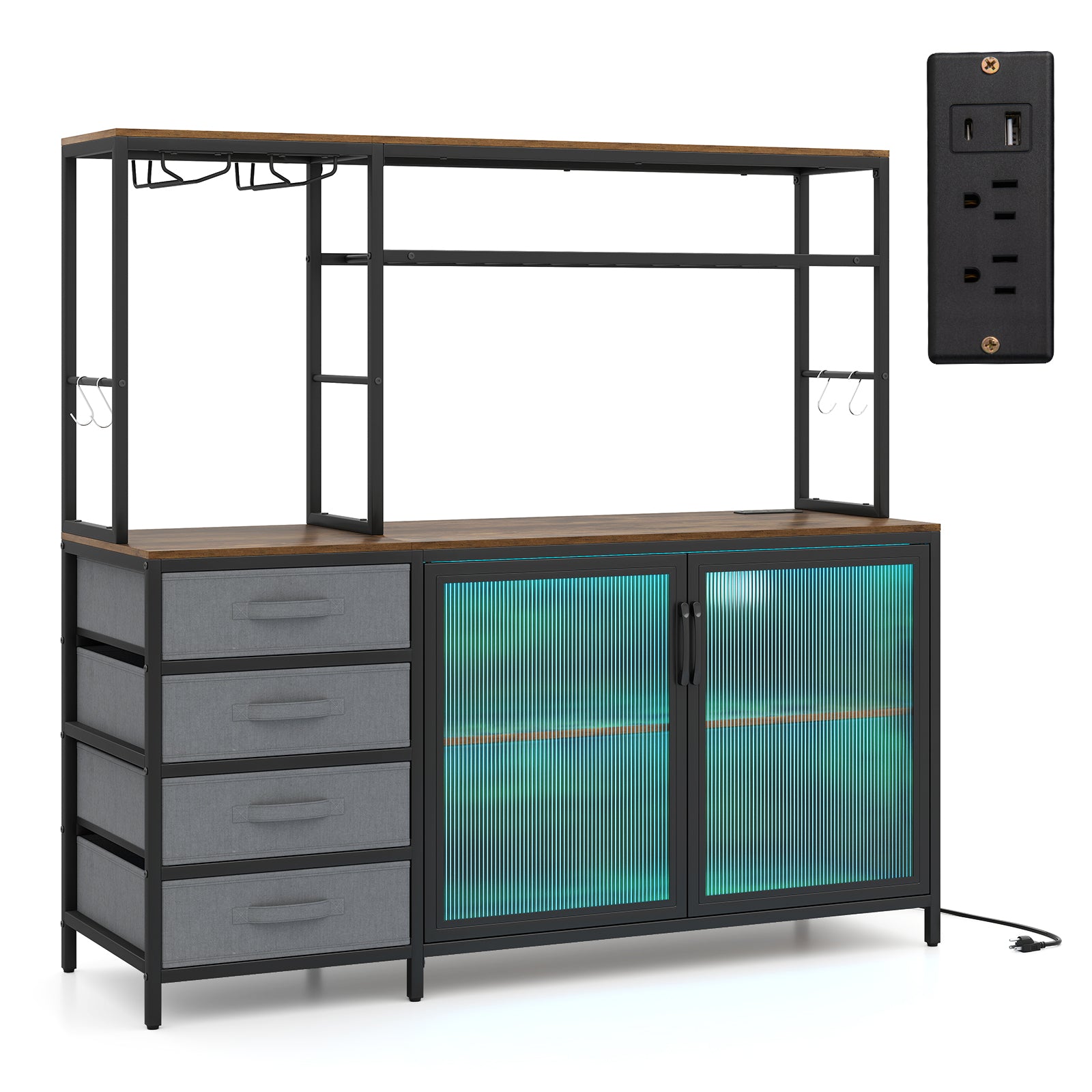Sideboard Buffet Cabinet with LED Lights 55 inch Coffee Table with Power Outlets, Rustic Brown Sideboards Cabinets & Buffets at Gallery Canada