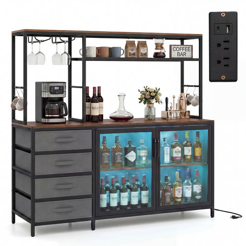 Sideboard Buffet Cabinet with LED Lights 55 inch Coffee Table with Power Outlets, Rustic Brown