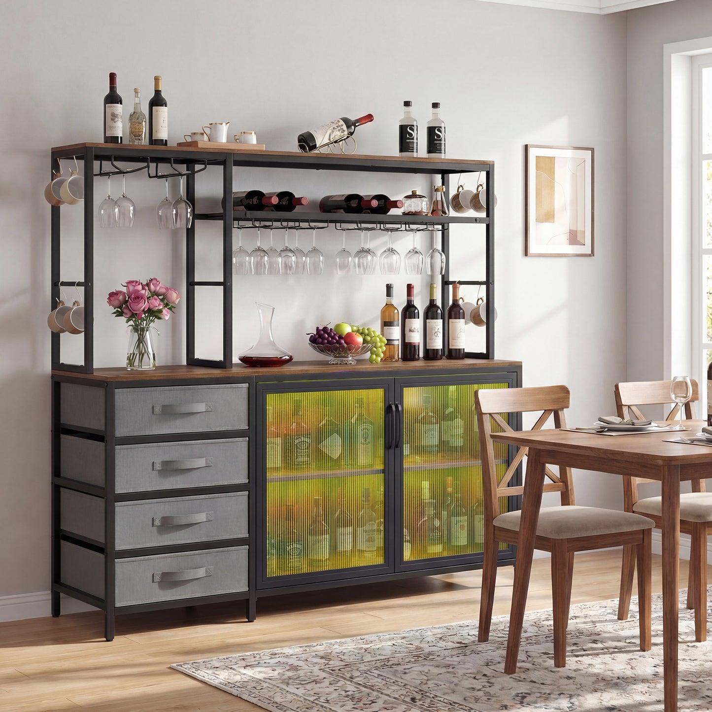 Sideboard Buffet Cabinet with LED Lights 55 inch Coffee Table with Power Outlets, Rustic Brown Sideboards Cabinets & Buffets at Gallery Canada
