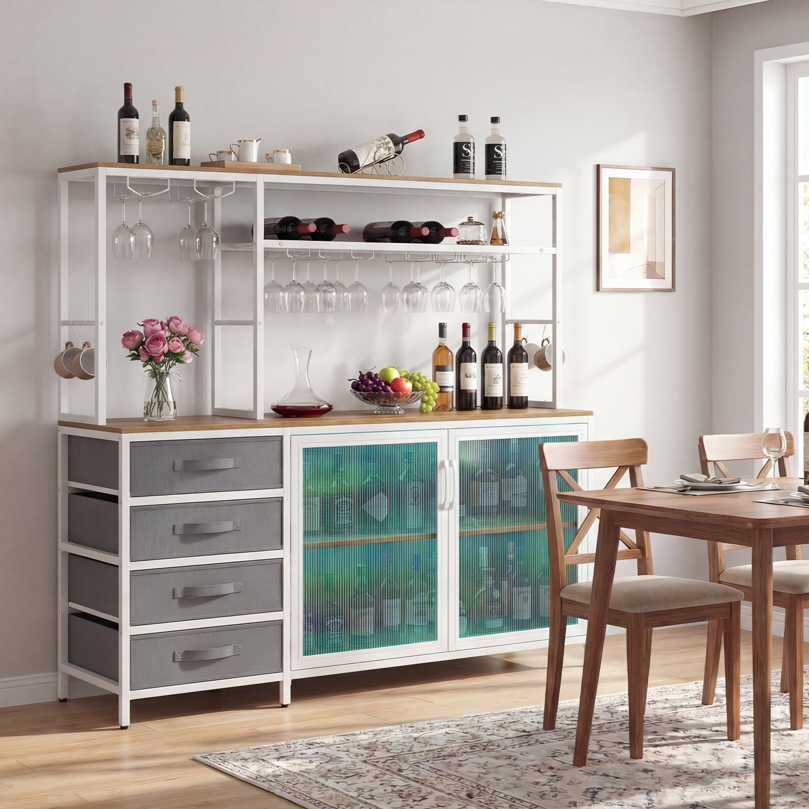 Sideboard Buffet Cabinet with LED Lights 55 inch Coffee Table with Power Outlets, Natural Sideboards Cabinets & Buffets at Gallery Canada
