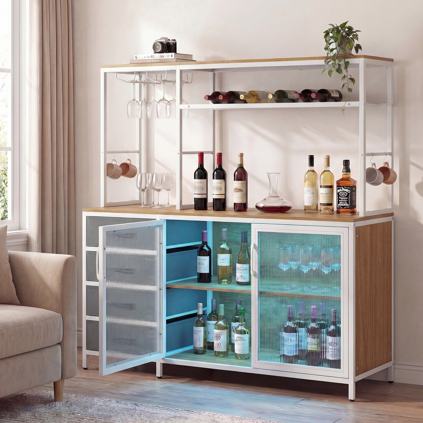 Sideboard Buffet Cabinet with LED Lights 55 inch Coffee Table with Power Outlets, Natural Sideboards Cabinets & Buffets at Gallery Canada