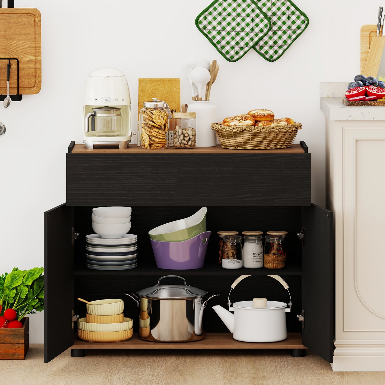 Wooden Sideboard Buffet Cabinet, Storage Kitchen Cabinet, Black Sideboards Cabinets & Buffets at Gallery Canada