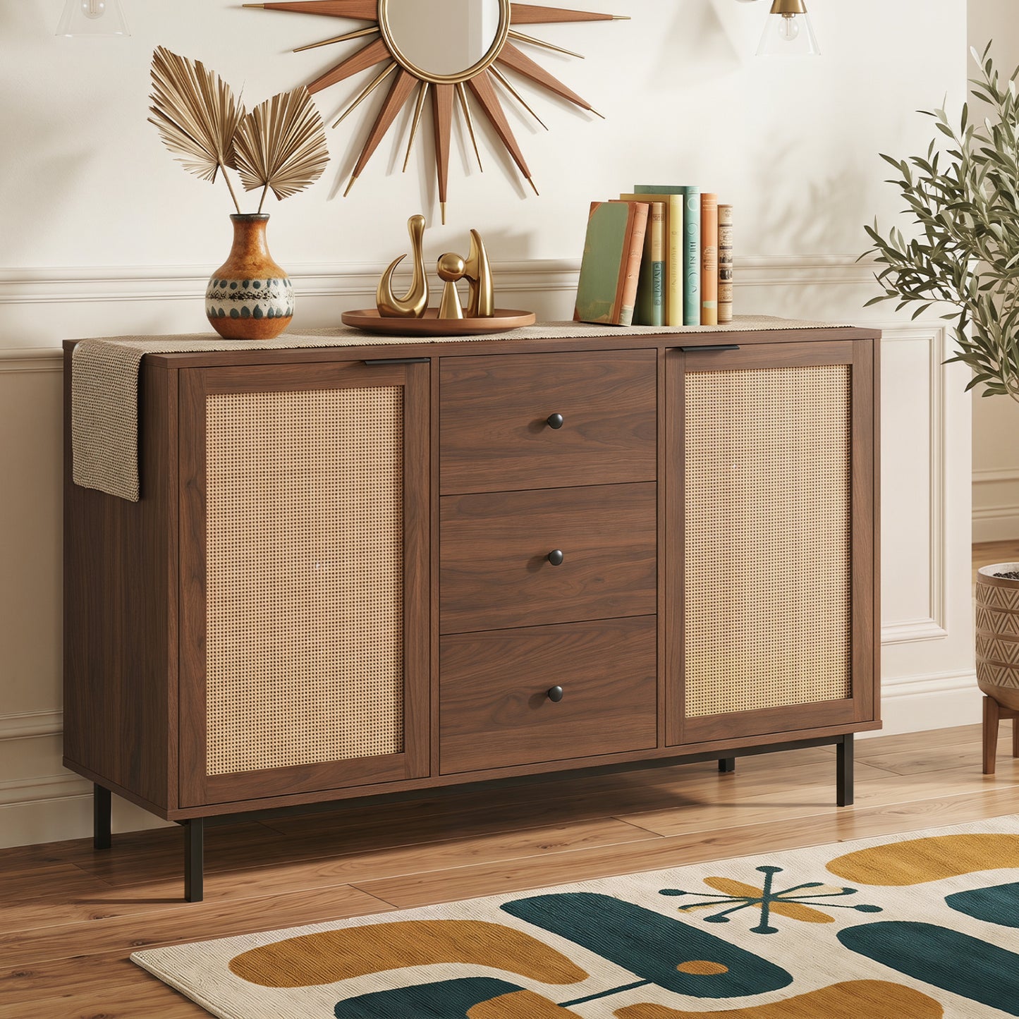 Buffet rustique de ferme avec portes en rotin, marron