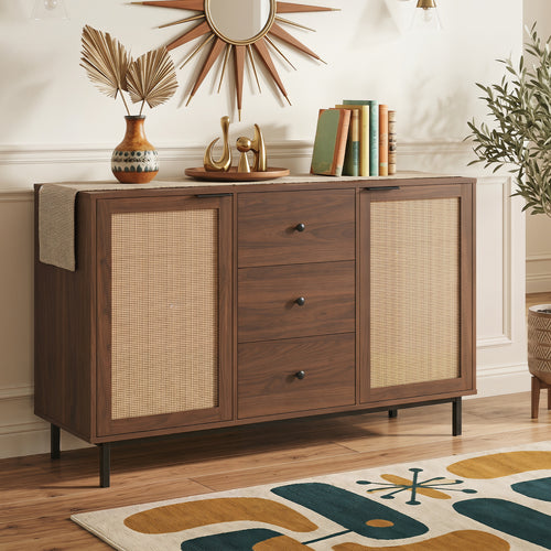 Rustic Farmhouse Sideboard Buffet Cabinet with Rattan Doors, Brown