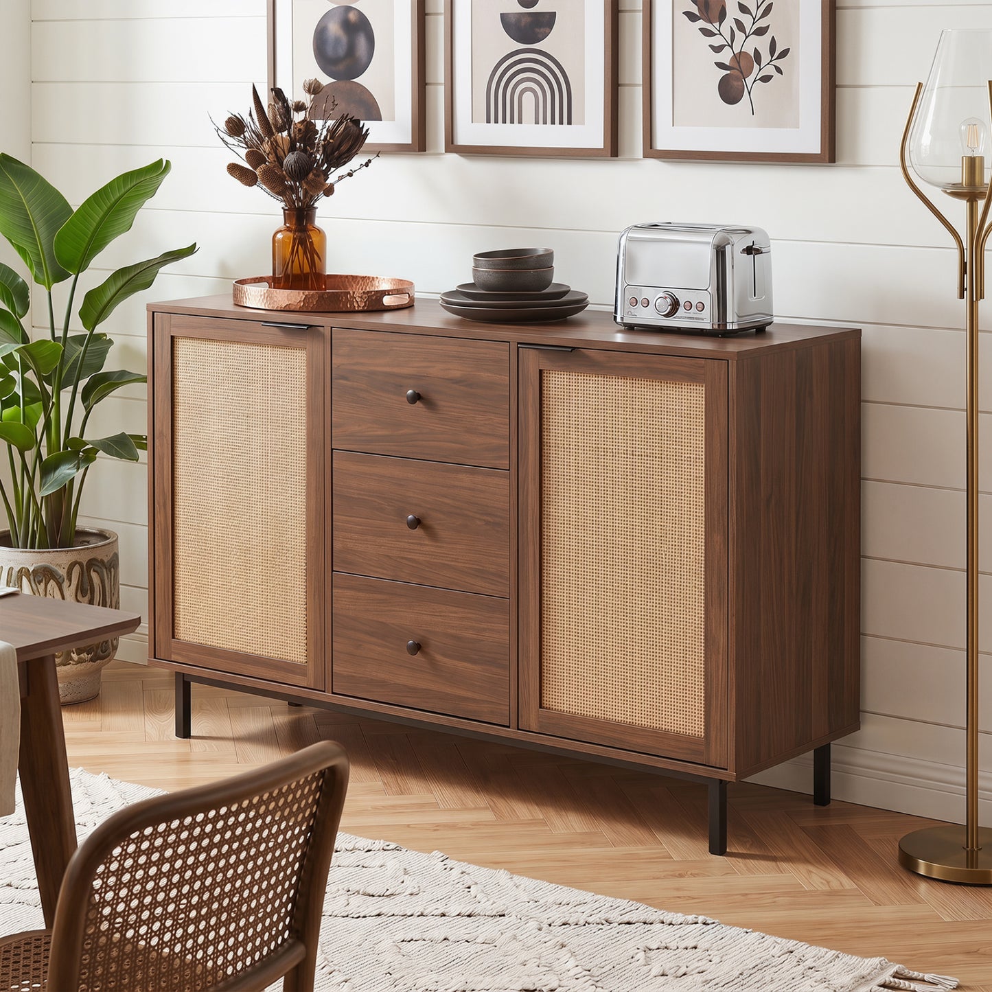 Buffet rustique de ferme avec portes en rotin, marron