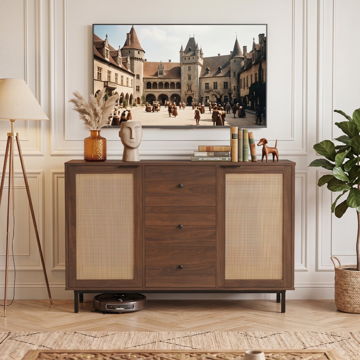 Buffet rustique de ferme avec portes en rotin, marron