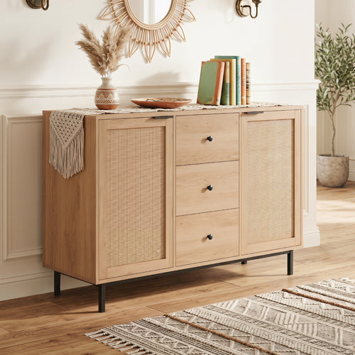 Sideboard Buffet Cabinet Rustic Farmhouse Coffee Bar Table with 2 Rattan Doors and 3 Drawers, Natural