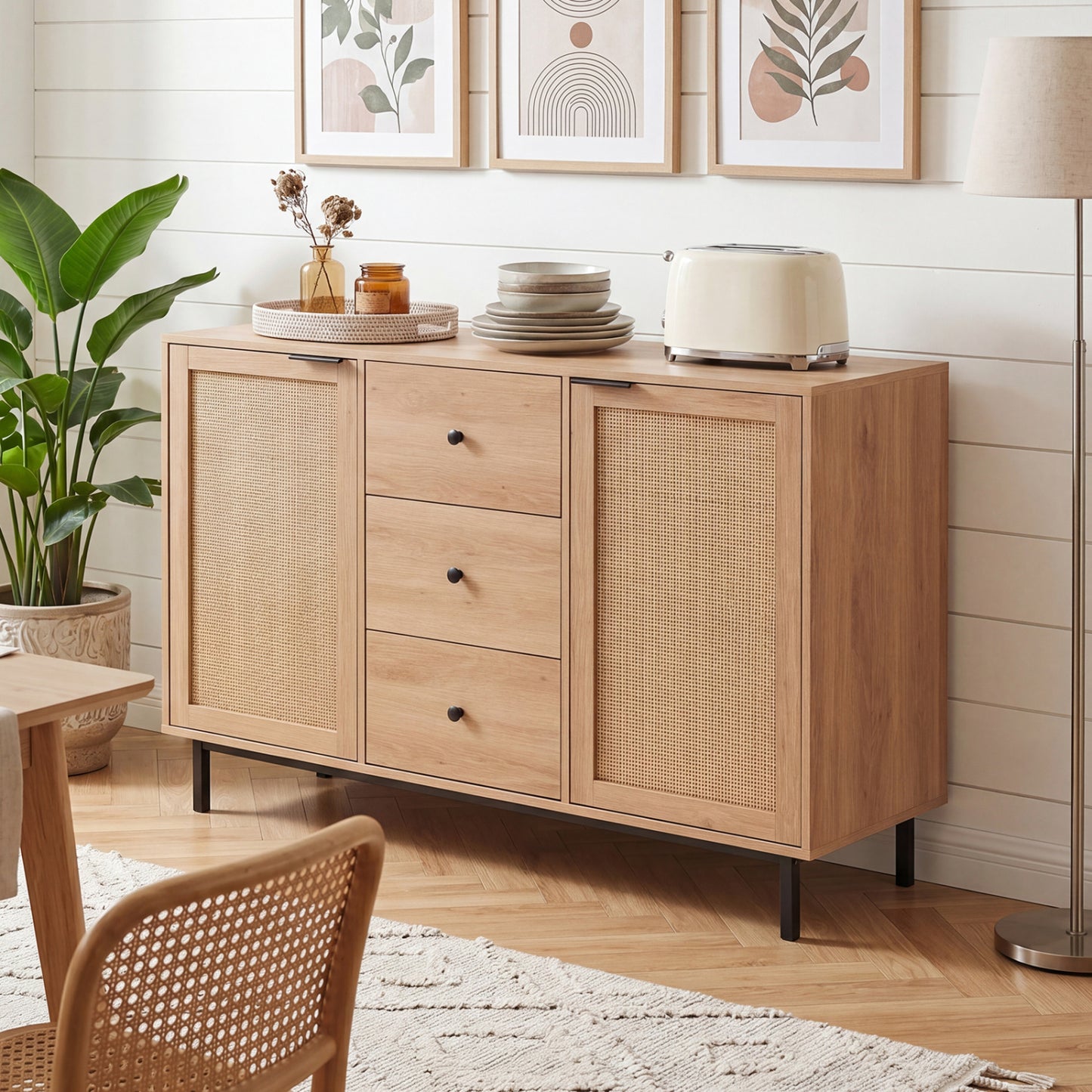 Sideboard Buffet Cabinet Rustic Farmhouse Coffee Bar Table with 2 Rattan Doors and 3 Drawers, Natural