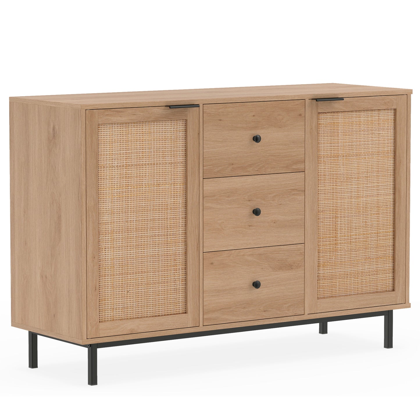 Sideboard Buffet Cabinet Rustic Farmhouse Coffee Bar Table with 2 Rattan Doors and 3 Drawers, Natural Sideboards Cabinets & Buffets Natural at Gallery Canada