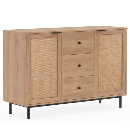 Sideboard Buffet Cabinet Rustic Farmhouse Coffee Bar Table with 2 Rattan Doors and 3 Drawers, Natural Sideboards Cabinets & Buffets Natural at Gallery Canada