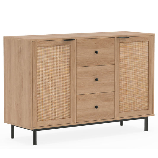 Sideboard Buffet Cabinet Rustic Farmhouse Coffee Bar Table with 2 Rattan Doors and 3 Drawers, Natural Sideboards Cabinets & Buffets Natural at Gallery Canada