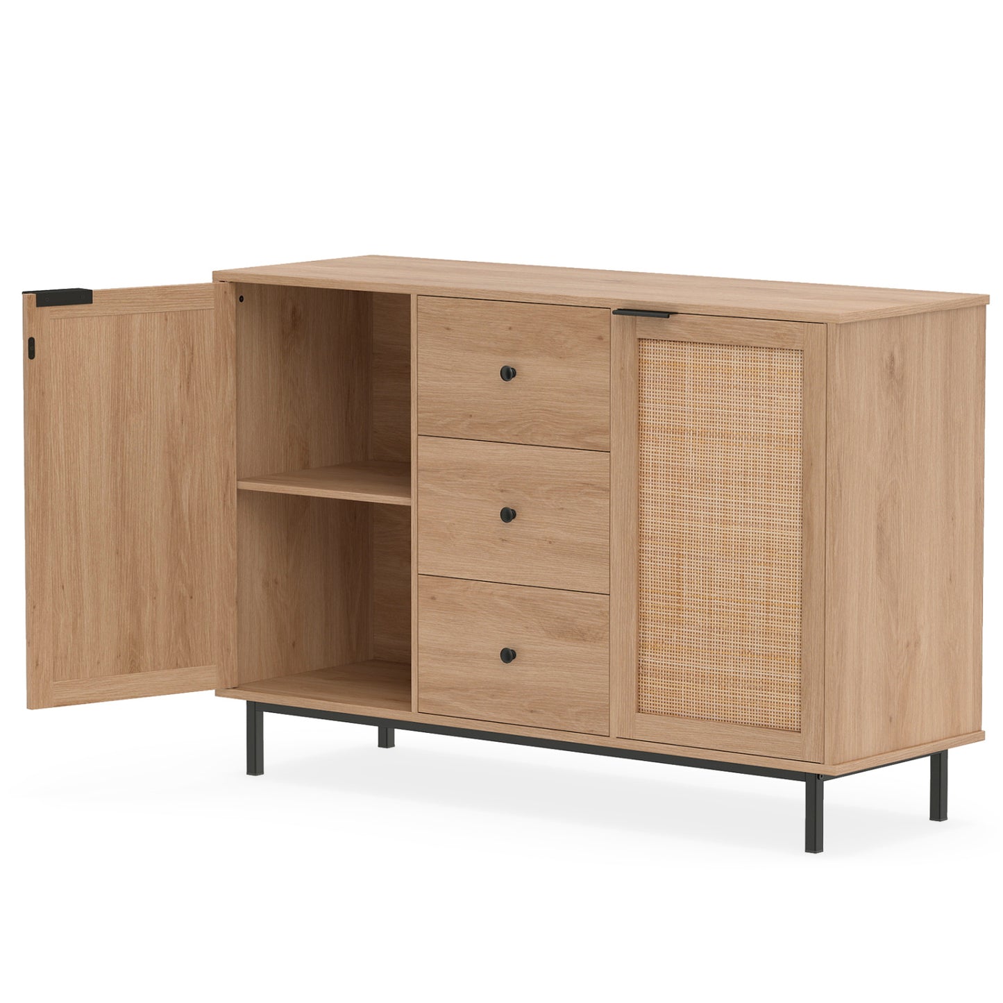 Sideboard Buffet Cabinet Rustic Farmhouse Coffee Bar Table with 2 Rattan Doors and 3 Drawers, Natural