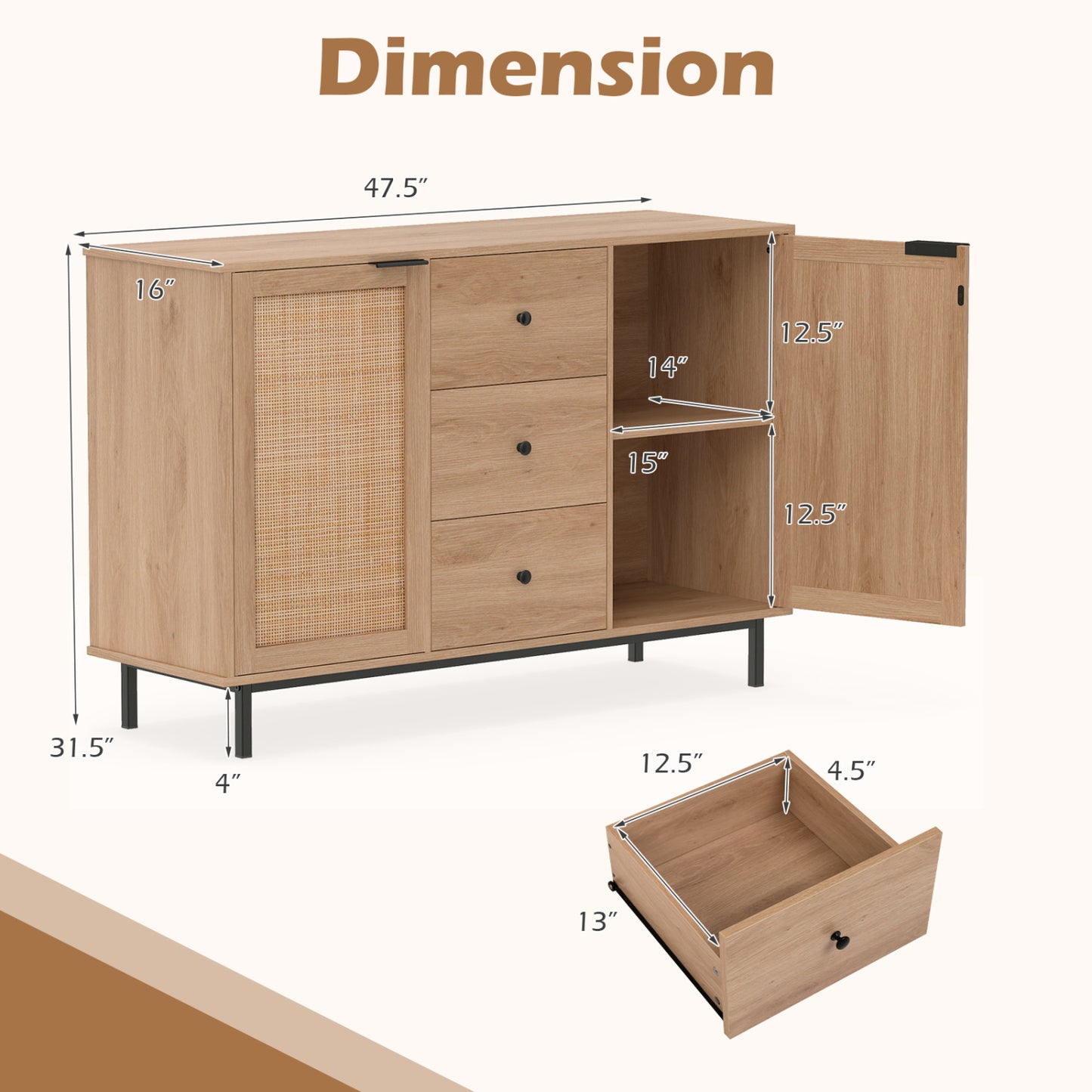 Sideboard Buffet Cabinet Rustic Farmhouse Coffee Bar Table with 2 Rattan Doors and 3 Drawers, Natural