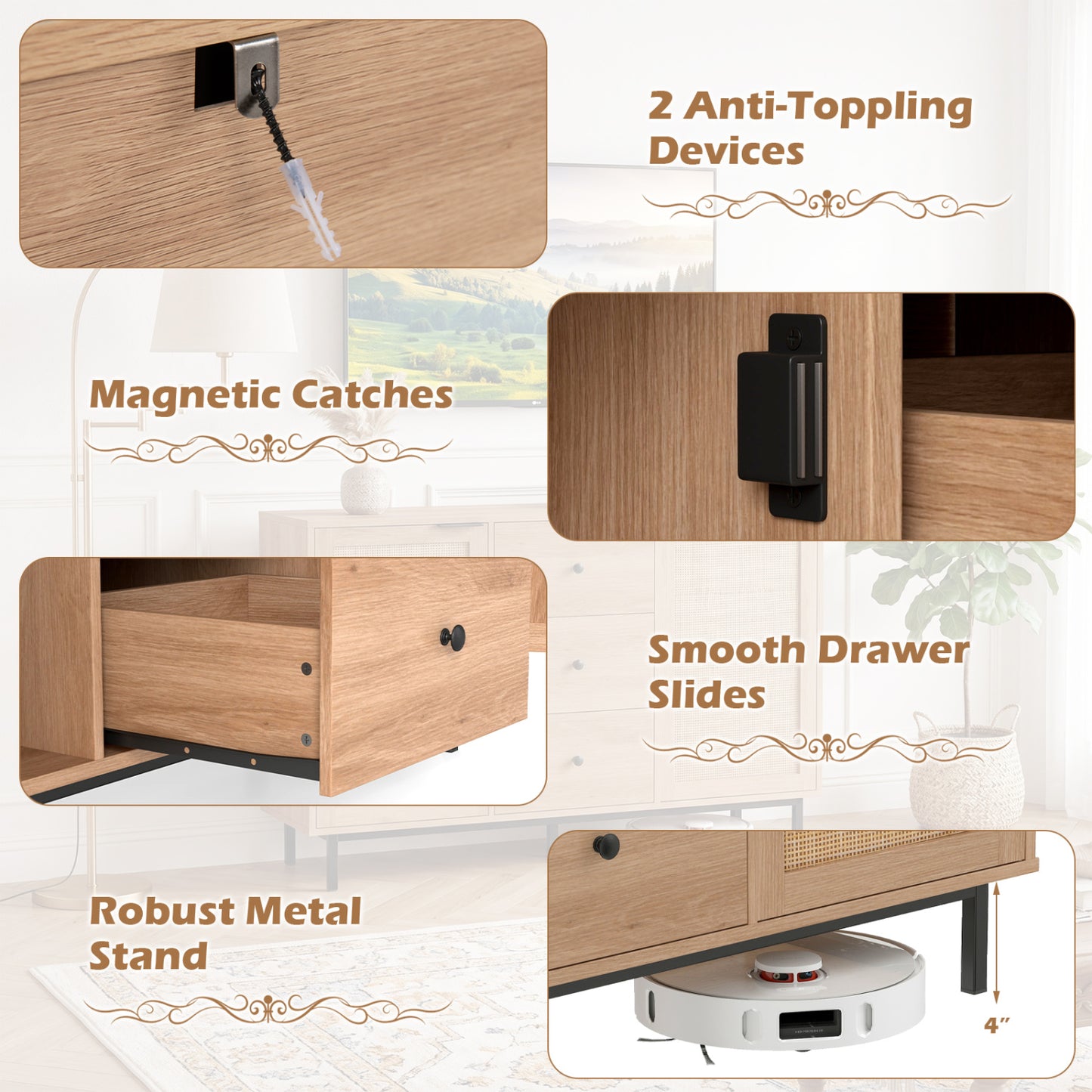 Sideboard Buffet Cabinet Rustic Farmhouse Coffee Bar Table with 2 Rattan Doors and 3 Drawers, Natural