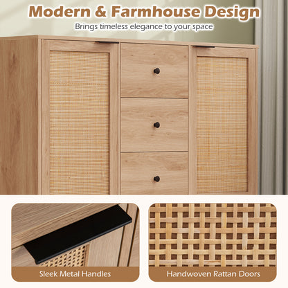 Sideboard Buffet Cabinet Rustic Farmhouse Coffee Bar Table with 2 Rattan Doors and 3 Drawers, Natural