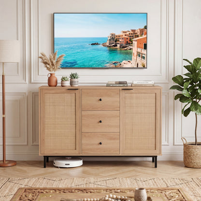 Sideboard Buffet Cabinet Rustic Farmhouse Coffee Bar Table with 2 Rattan Doors and 3 Drawers, Natural