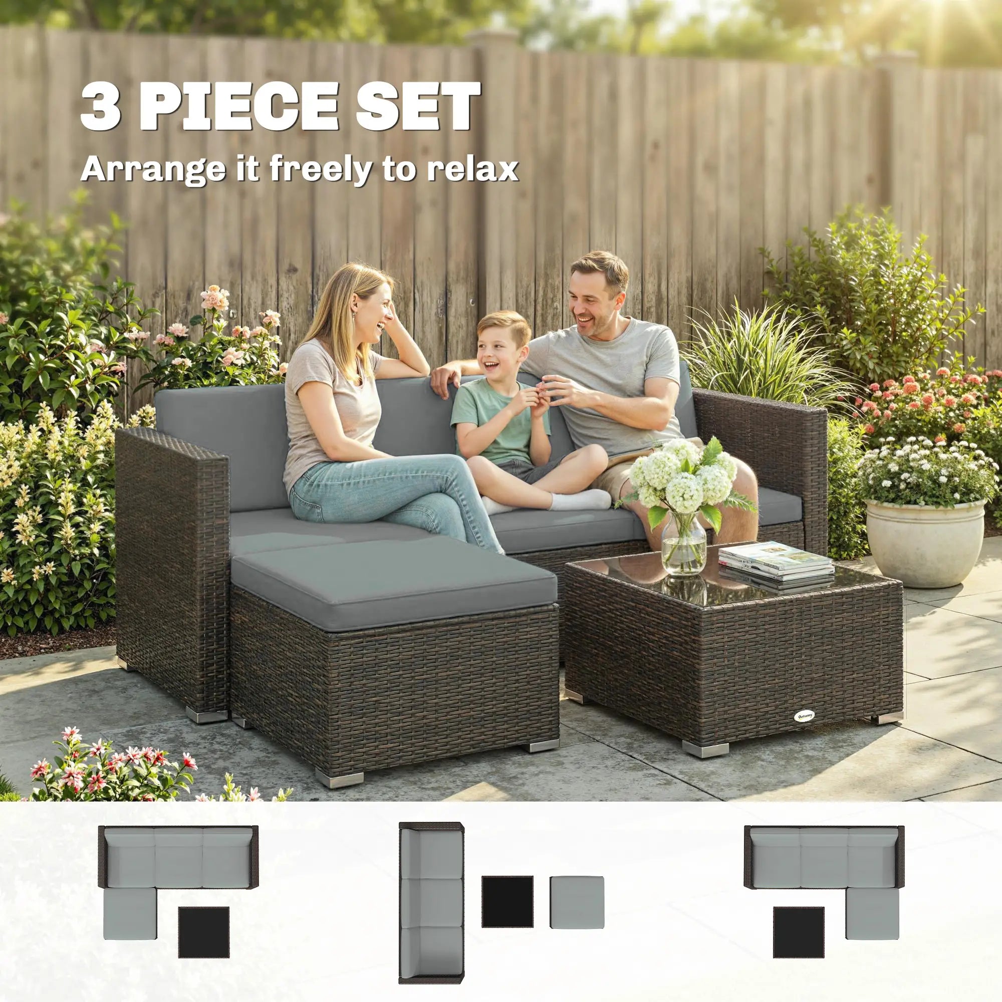 3-Piece Patio Furniture Set With Cushions, Outdoor Rattan Sofa With Glass Table Patio Furniture Sets at Gallery Canada