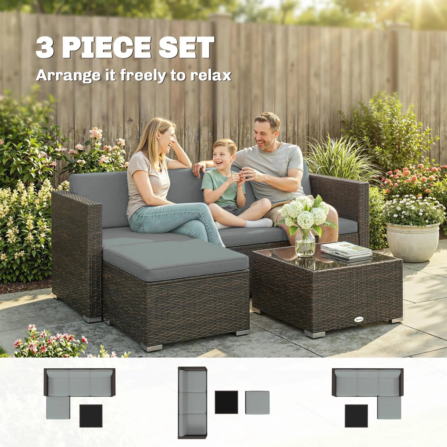 3-Piece Patio Furniture Set With Cushions, Outdoor Rattan Sofa With Glass Table Patio Furniture Sets at Gallery Canada