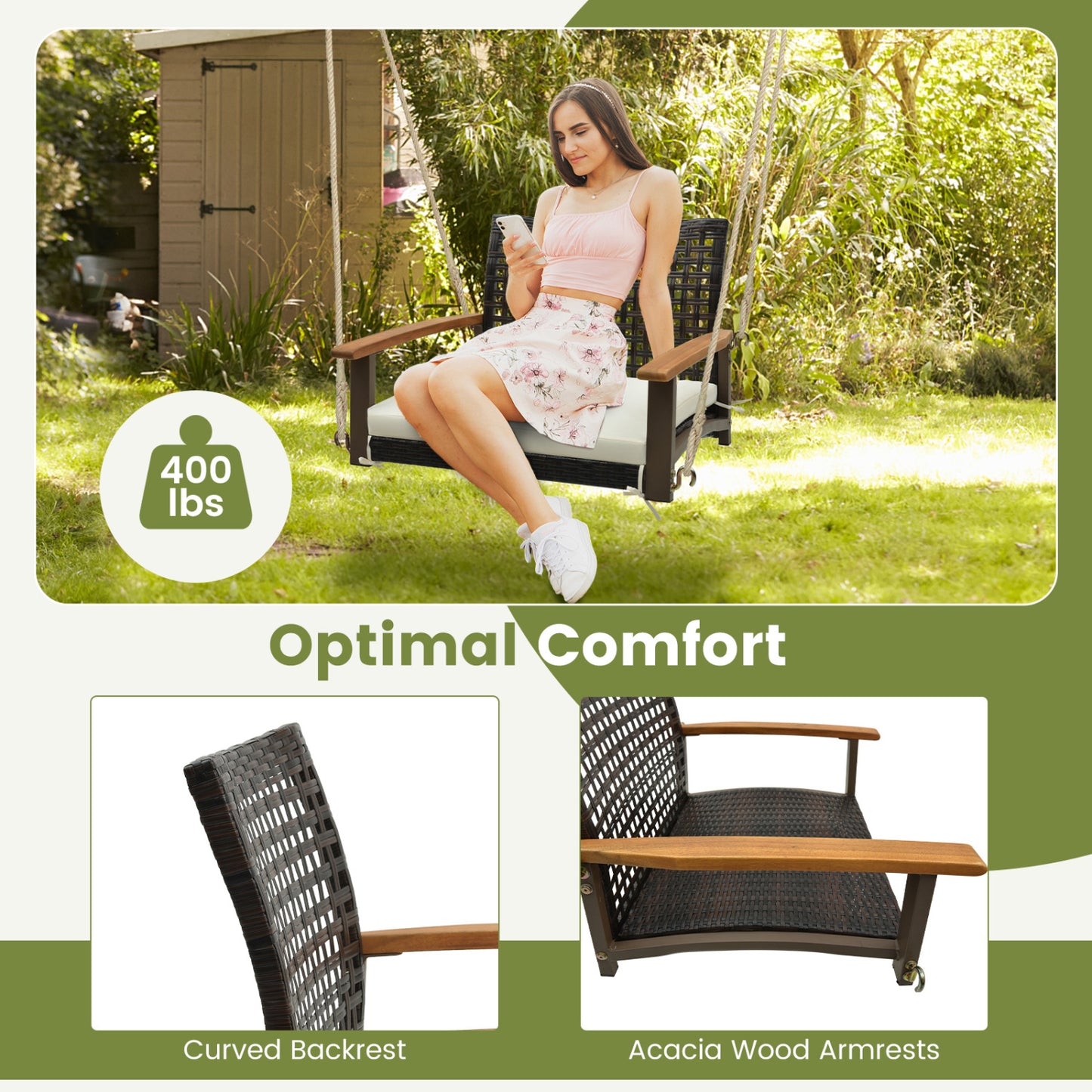 Rattan Porch Swing With Armrests Cushion, White Porch Swings at Gallery Canada