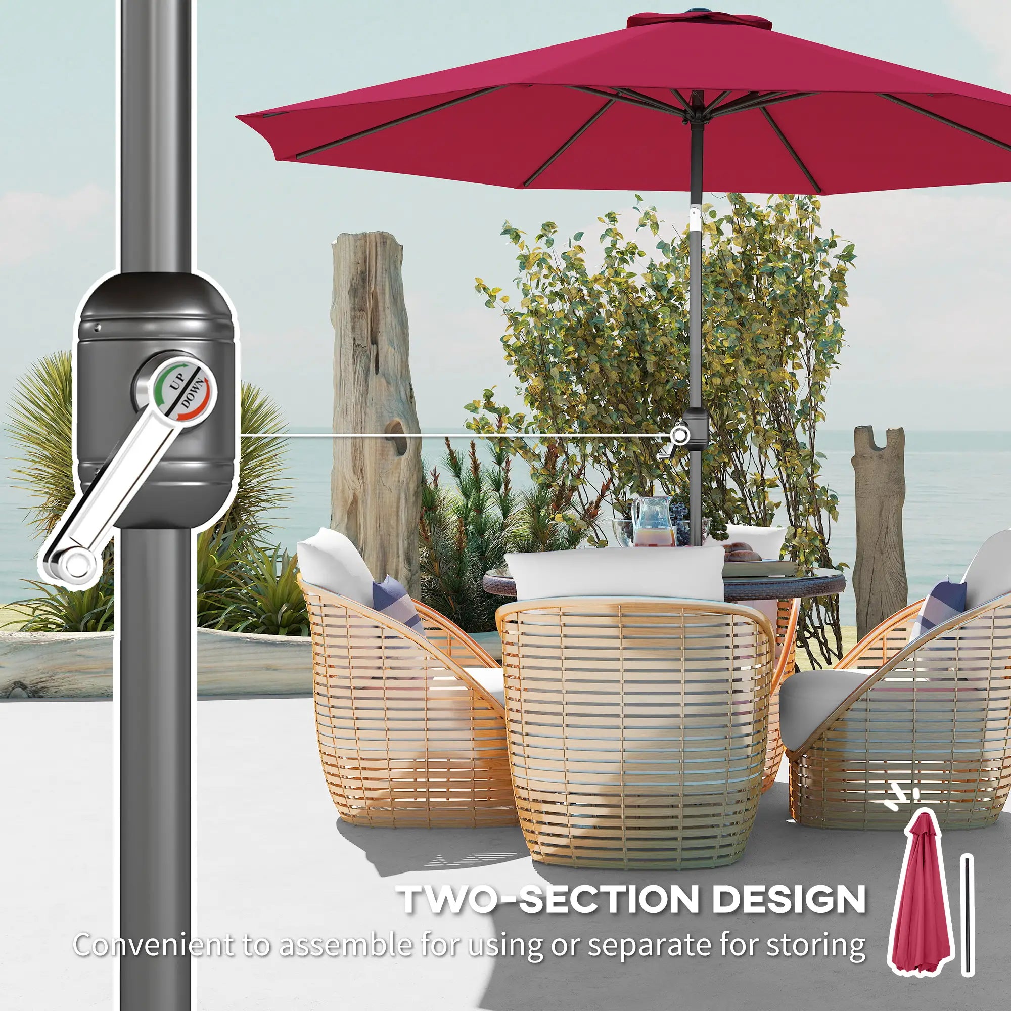 10' x 8' Round Market Umbrella, Crank Handle, Tilt, Wine Red Sun Umbrellas at Gallery Canada