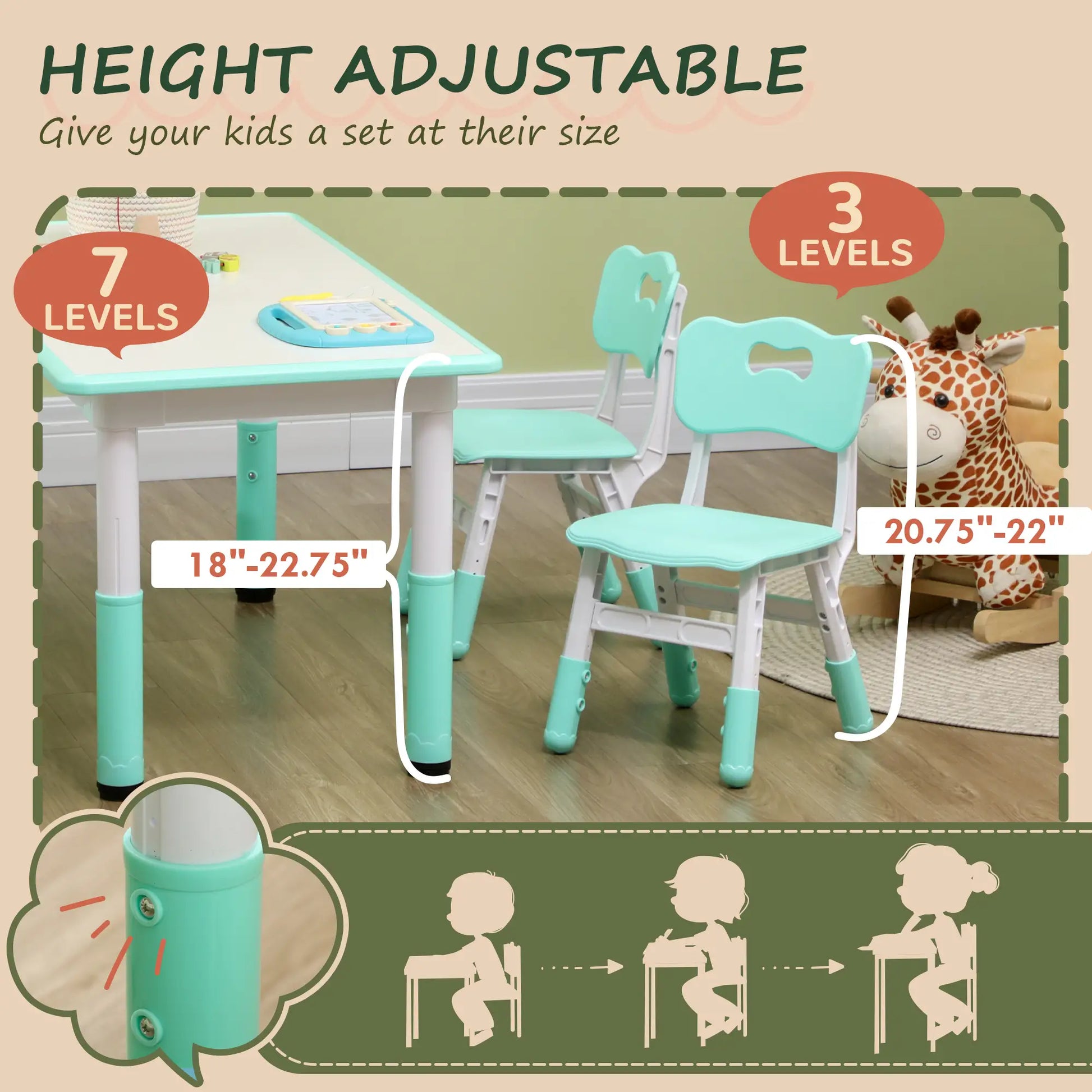 Kids Table and Chair Set, 4 Chairs, Adjustable Height, 1.5 - 5 Years, Green Kids Table Sets at Gallery Canada