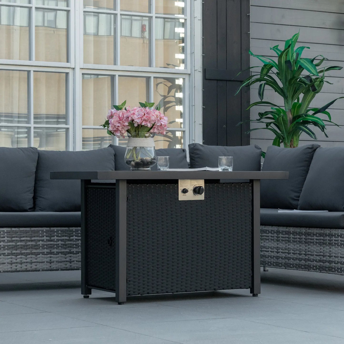 43in Propane Fire Pit Table, 50,000 BTU, Blue Glass Rock, Black Fire Pits at Gallery Canada