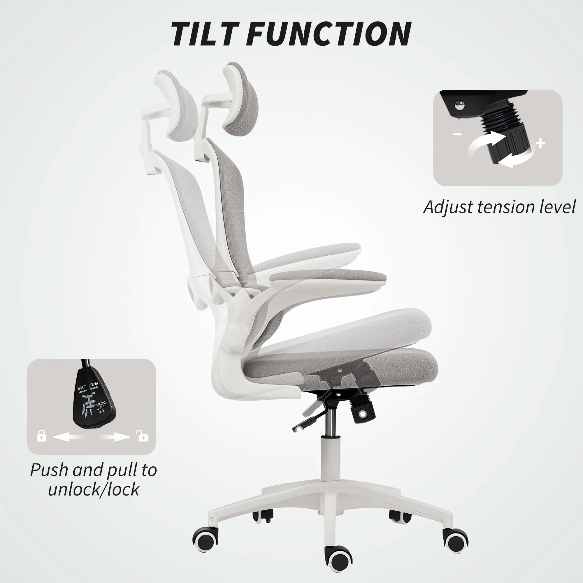 Ergonomic Mesh Office Chair, High Back, Rotatable Headrest, Flip-Up Armrests, Lumbar Support, Grey Task Chairs at Gallery Canada