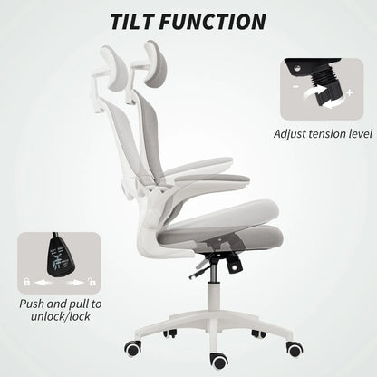 Ergonomic Mesh Office Chair, High Back, Rotatable Headrest, Flip-Up Armrests, Lumbar Support, Grey Task Chairs at Gallery Canada
