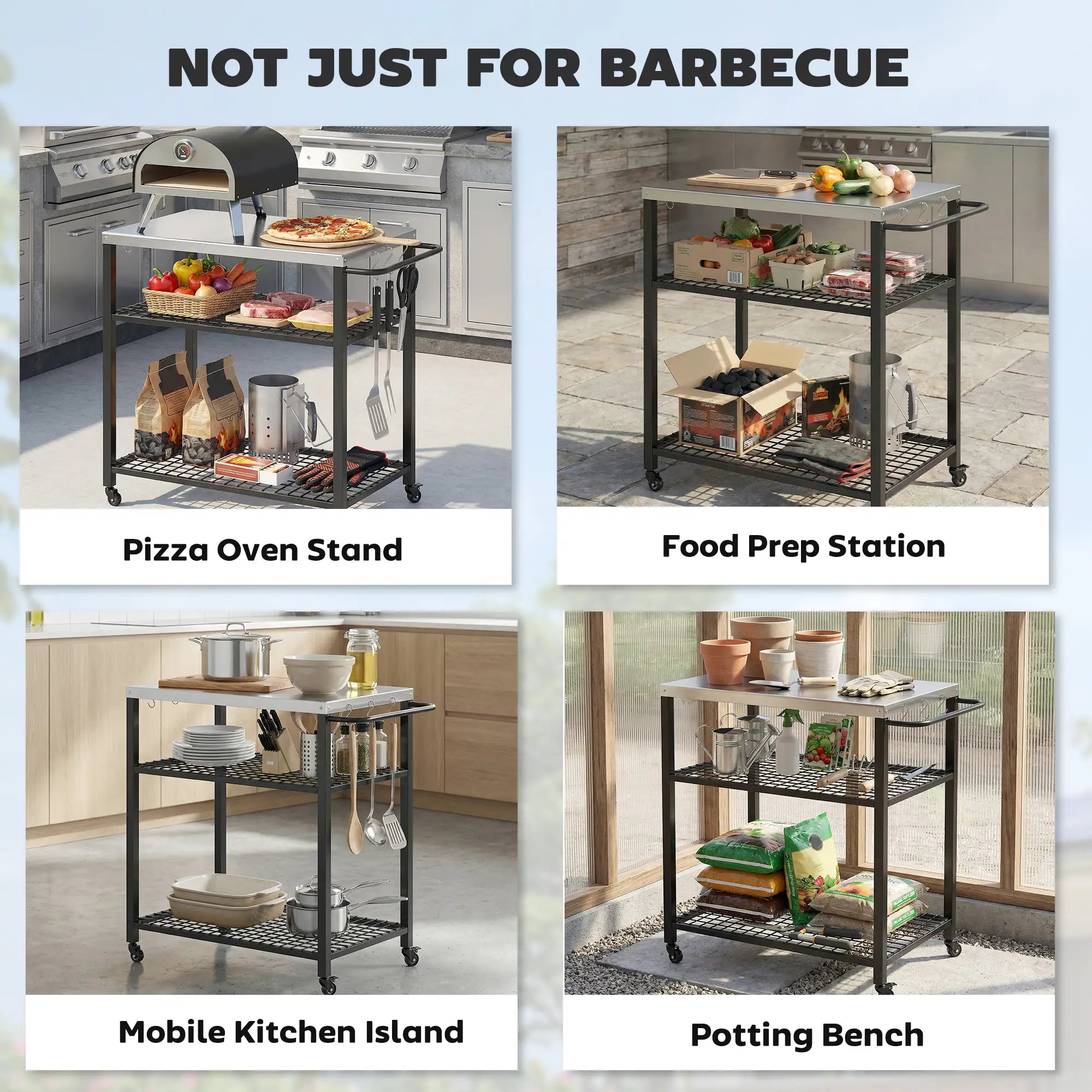 Outdoor Grill Cart With Stainless Steel Top, Two-Shelf Pizza Oven Stand, Black Outdoor Grill Carts at Gallery Canada
