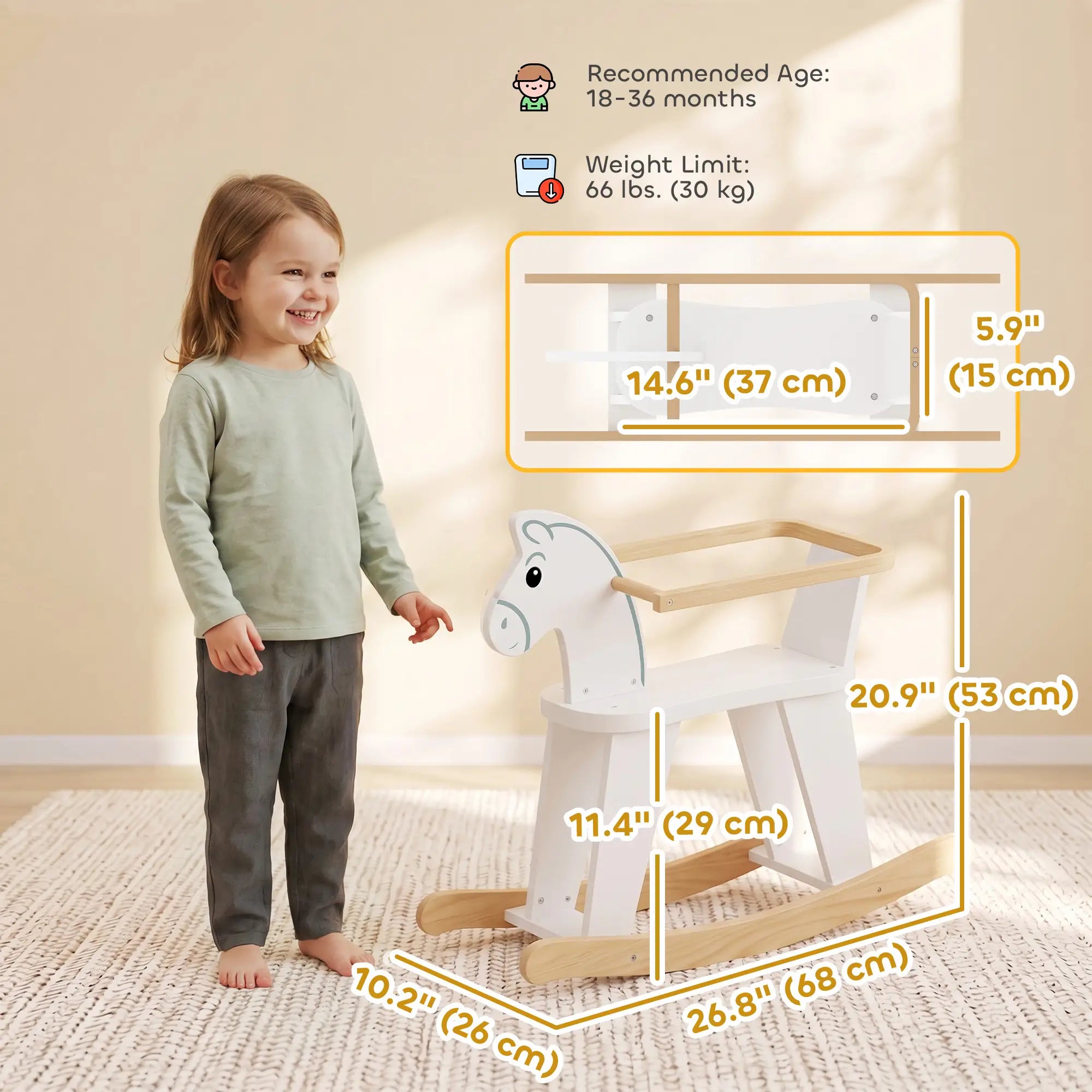 2 in 1 Rocking Horse Ride On, Removable Fence, No-Tip, White Rocking Horses at Gallery Canada