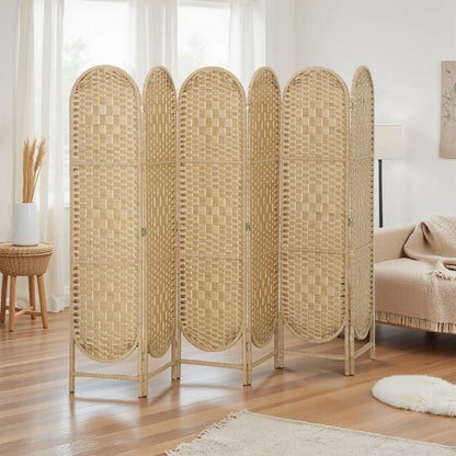 6 Panel Bohemian Privacy Screen, Arched Top Room Divider, Natural Wood