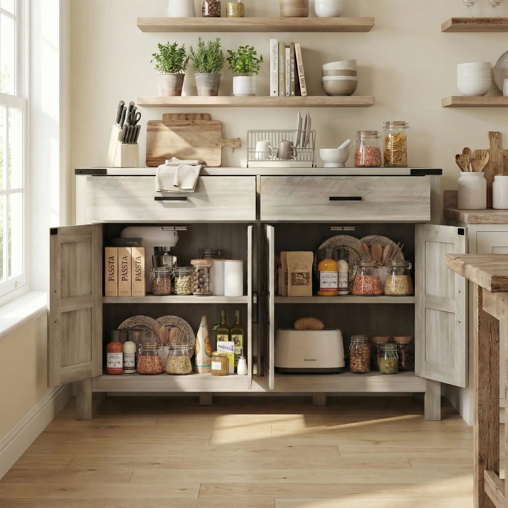 Farmhouse Buffet Cabinet, 2 Drawers, 2 Cabinets, Adjustable Shelves, Grey Bar Cabinets at Gallery Canada